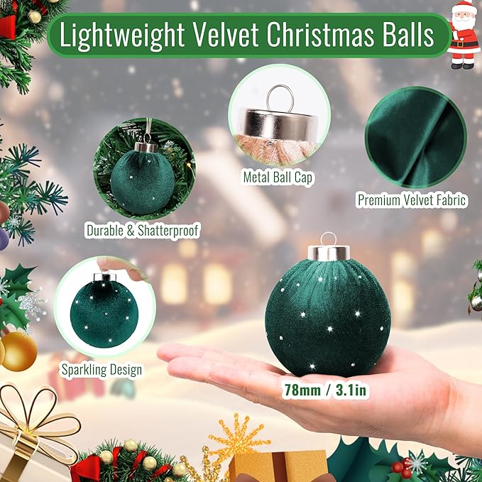 Christmas Tree Ornaments Set Velvet Balls, 12pcs Shatterproof Christmas Bulbs Ornaments for Xmas Tree Decorative Hanging, Vintage Flocked Decoration, 78mm, 3.1in, Multicolor Green Neutral Red Black
