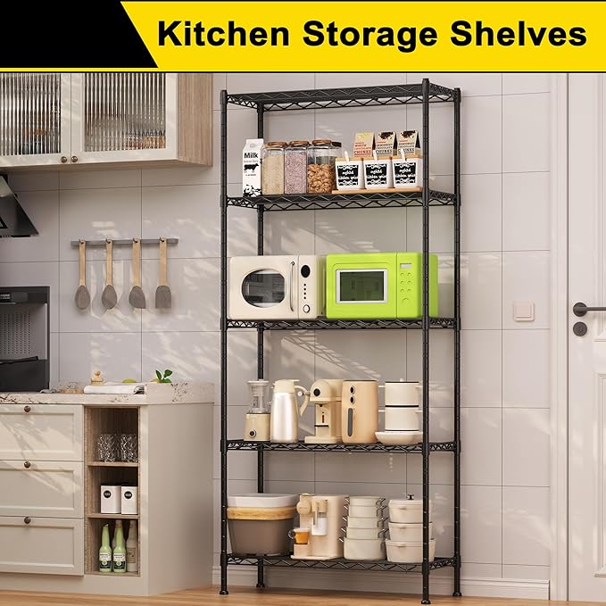 GIOTORENT 5-Wire Garage Shelving Storage Shelves, Metal Shelf Organizer 1750Lbs Capacity, Kitchen Storage Adjustable Shelf for Laundry Bathroom Pantry Closet, Black 36.2''L x 14''W x 72.3''H