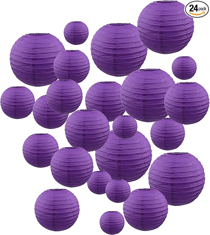 Handmade Decorative Chinese Japanese Hanging Paper Lanterns 24pcs Assorted Sizes 6", 8", 10", 12" Mixture Colors Decoration for Home, Weddings and Parties Lanterns (All Purple)