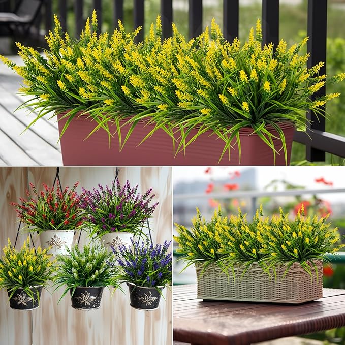 Artificial Flowers for Outdoor Plants 24 Bundles Fake Lavender Plastic Faux Monkey Grass for Verandah Window Garden Office Patio Front Porch UV Resistant for Planter(Yellow)
