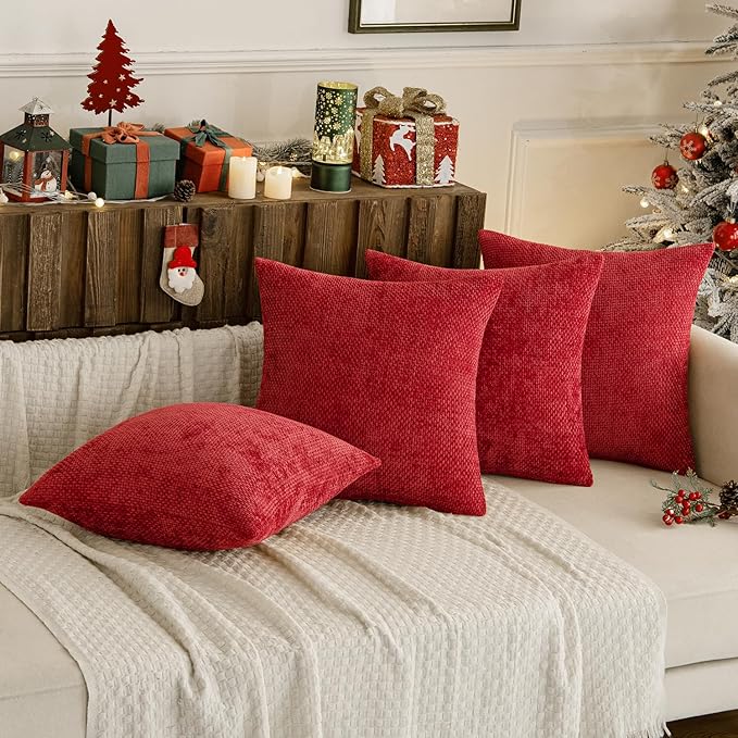 MIULEE Christmas Red Pack of 4 Couch Throw Pillow Covers 18x18 Inch Soft Decorative Chenille Pillow Covers Farmhouse Accent Cushion Covers for Boho Home Decor Sofa Bedroom Living Room