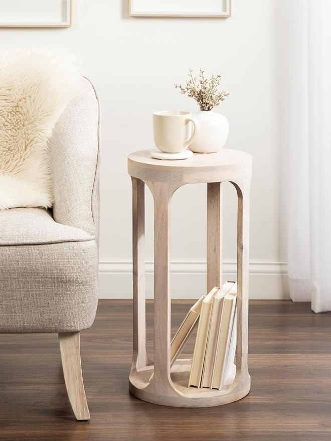 Kate and Laurel Dahl Wooden Round Drink Table; 12 x 23; Whitewash; Transitional Boho Circle Wood Accent Pedestal Table for Living Room Plant Stand or Small Bedroom Nightstand