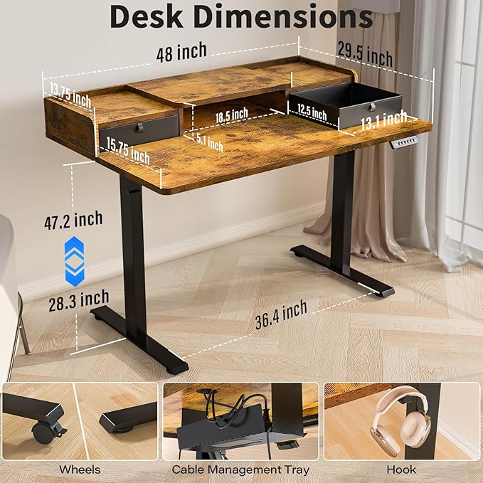 Kingant 48 x 30 Inch Standing Desk with Drawers, Adjustable Height Electric Sit Stand Desk with Storage Shelf, Rising Stand Up Computer Desk for Home Office Workstation, 3 Preset Heights