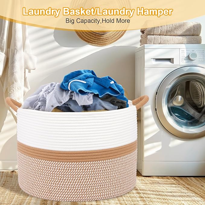 Laundry Basket,Laundry Hamper,20''x13''Woven Cotton Rope Blanket Basket in Living Room;Toy storage;Nursery hamper,Pillows,Girls Kids Baby Toy chest,Baskets for storage,Decor (White/Brown)