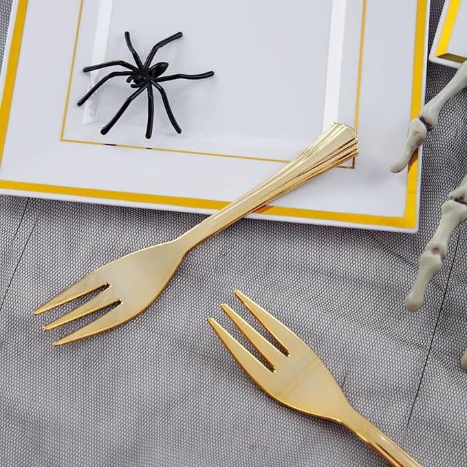 WDF 200PCS Gold Plastic Dessert Plates with Plastic Forks -6” 100 Square Disposable Appetizer Plates Small Plate Cake Plate &100 Gold Small Appetizer Forks for Daily Using Thanksgiving
