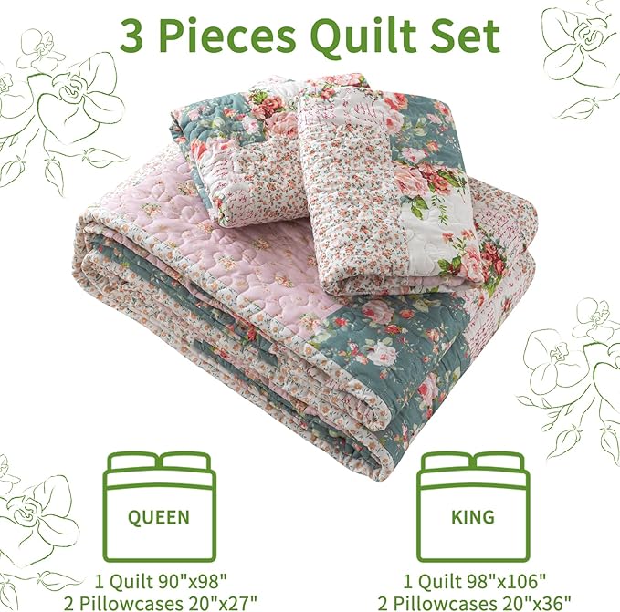 VAPUTAR King Size Quilt Set - Reversible Floral King Size Bedspreads with Wavy Edges - Lightweight Farmhouse King Quilt Bedding Sets for Bed Decorations, 3 Pieces