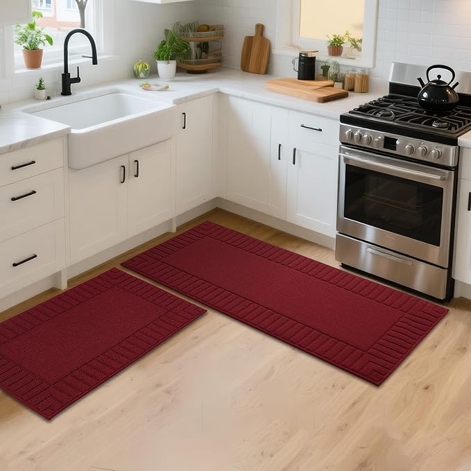 BEQHAUSE-Kitchen-Rugs-and-Mats [2PCS] Non Slip Kitchen Mats for Floor,Machine Washable Burgundy Red Kitchen Rugs,Polypropylene Kitchen Floor Mat with TPR Backing 20x30inch/20x48inch