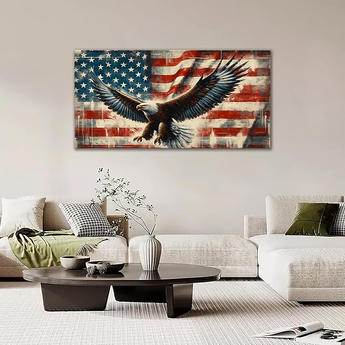 Large Bald Eagle Wall Art American Flag and Eagle Pictures Wall Decor Patriotic Motivational Bedroom Sign Canvas Painting Prints Modern Home Decoration Artworks Framed for Living Room Office 60"x30"