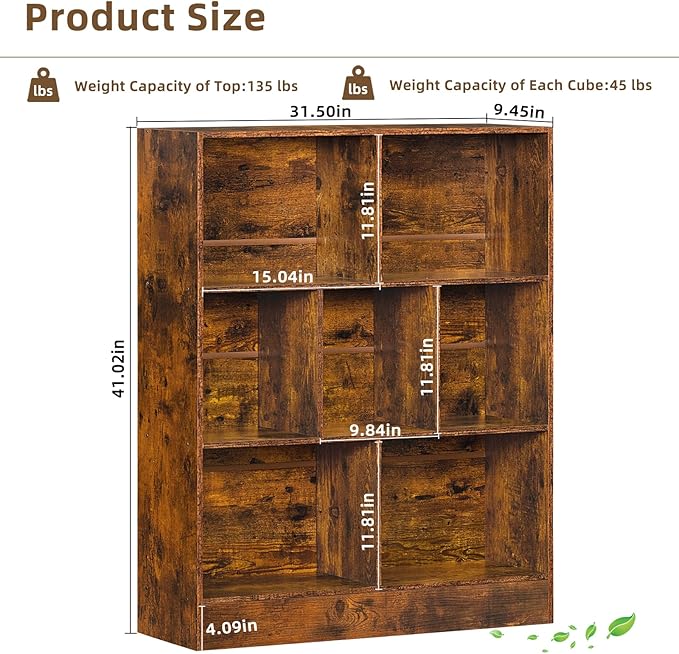 LEYAOYAO 7 Cube Bookshelf with Base,3 Tier Mid-Century Modern Brown Bookcase,Standing Wide Bookshelves Storage Organizer Shelf,Rustic Wood Display Cabinet Book Shelves for Bedroom,Living Room,Office