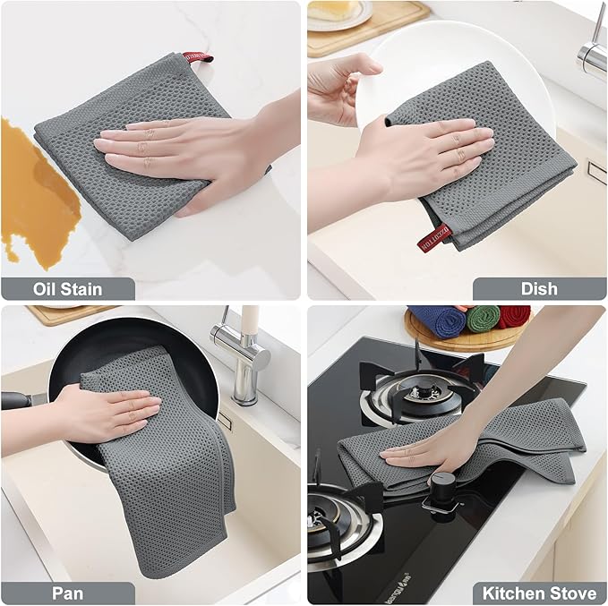 Homaxy 100% Cotton Kitchen Towels and Dishcloths Set, 12 x 12 Inches and 13 x 28 Inches, Set of 12 Bulk Kitchen Towels Set, Ultra Soft Absorbent Dish Cloths for Washing Dishes, Grey