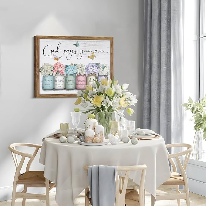 Wood Framed Inspirational Bible Verse Wall Art, Christian God Says You Are Wall Decor Paintings, Farmhouse Scripture Mason Jar Flower Pictures Posters Prints for Bathroom Bedroom Home Decor 12x16 Inch