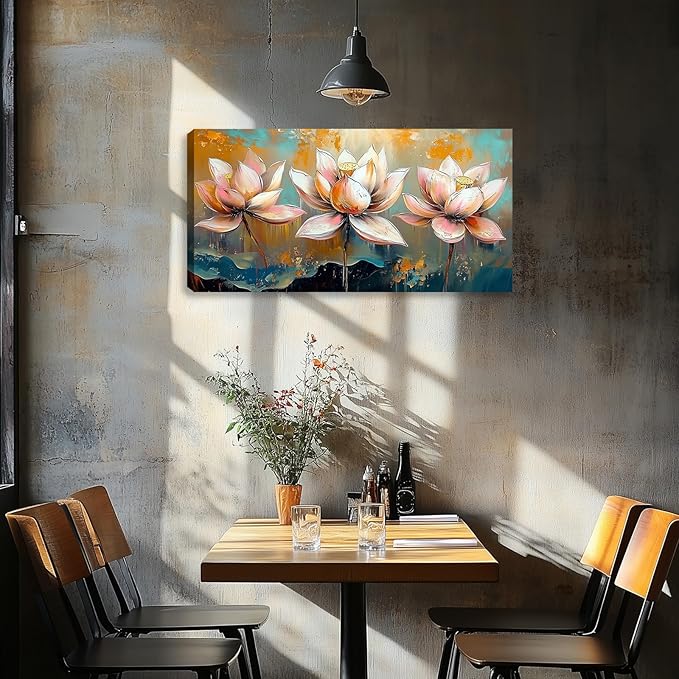 Large Zen Canvas Wall Art Pink Lotus Flower Picture Wall Decor Landscape Painting Artwork Framed for Bedroom Living Room Kitchen Room Office Home Decor 60L x 30W