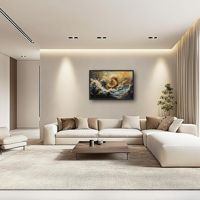 Flintis Large Golden Dragon Framed Wall Art Japanese Waves Pictures Wall Decor Abstract Asian Wild Animal Canvas Painting Print Artworks Framed for Living Room Bathroom Master Bedroom 36L X 24W