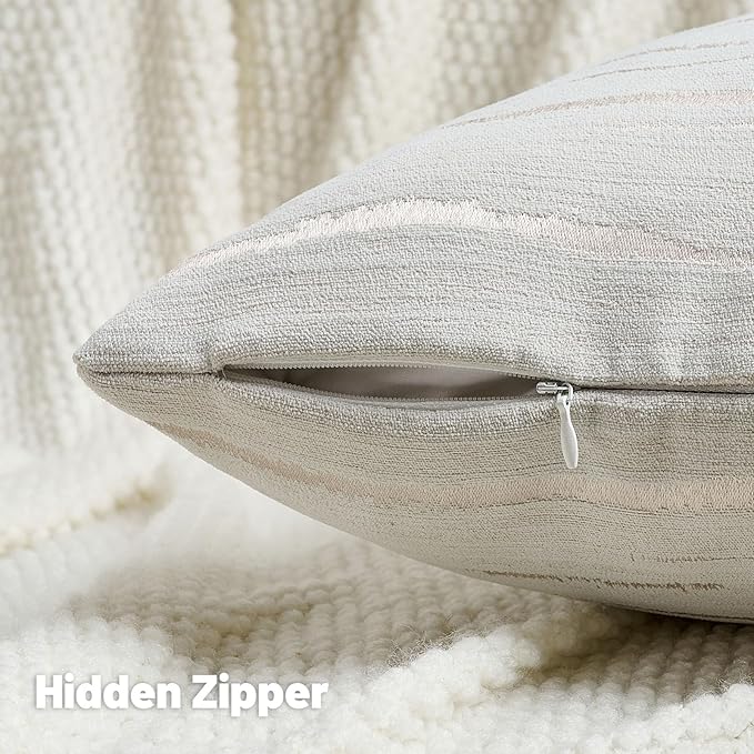 FUTEI Cream Chenille Decorative Throw Pillow Covers 16x16 Inch Set of 2,Soft Embossed Striped Textured Cushion Case,Modern Home Decor for Couch Bed Living Room