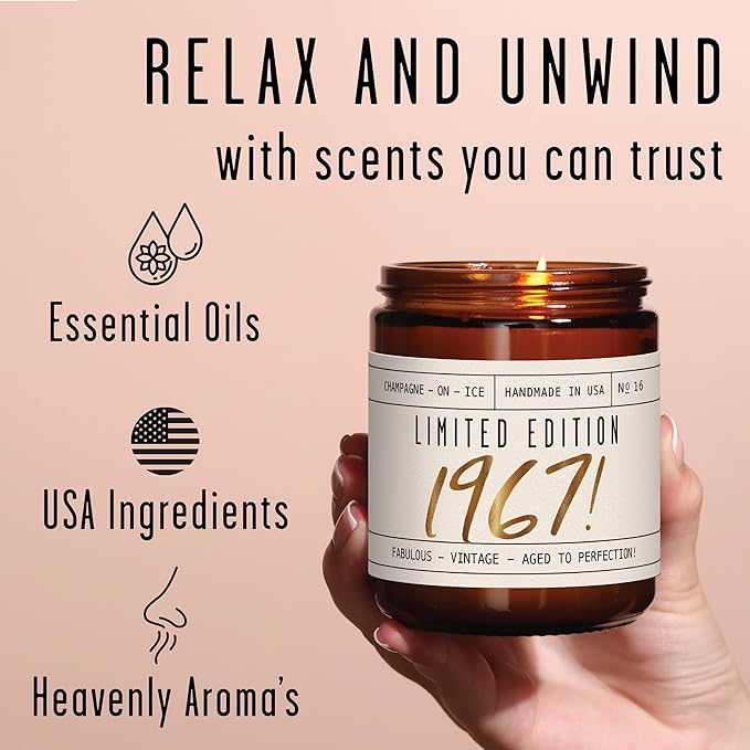 58th Birthday Gifts for Women - 'Limited Edition 1967' Soy Candle, w/Champagne on Ice I 58 Birthday Gifts for Women I 58th Gift for Her Ideas I 9oz Reusable Jar, 50Hr Burn, Made in USA