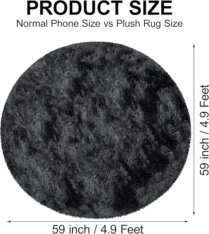 5x5 ft Tie Dye Black Round Rug for Bedroom Room Fluffy Circle Rug Furry Carpet Shaggy Circular Fuzzy Washable Non-Slip Large Area Rug Soft Indoor for Living Room Cute Aesthetic Home Decor