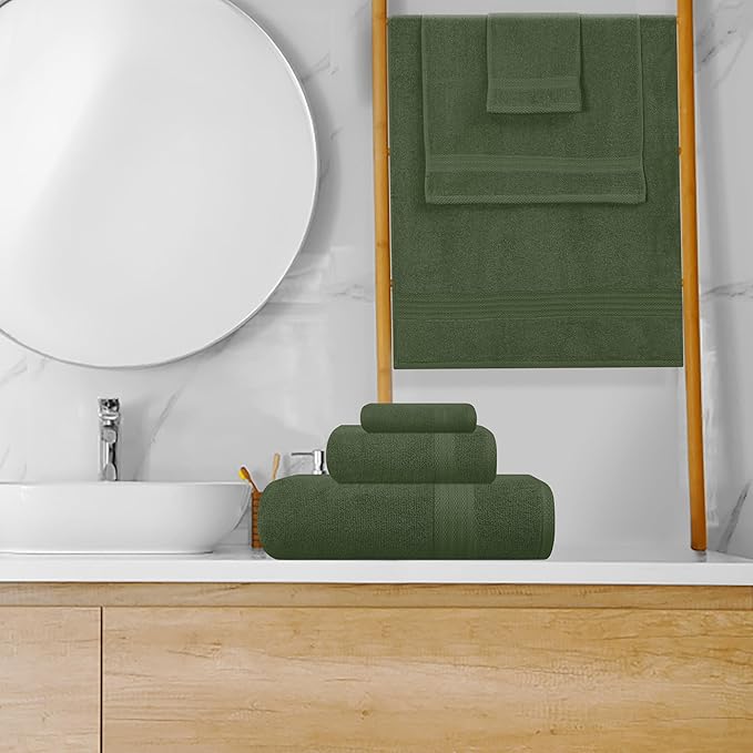 GLAMBURG Ultra Soft 8-Piece Towel Set - 100% Pure Ring spun Cotton, Contains 2 Oversized Bath Towels 27x54, 2 Hand Towels 16x28, 4 Wash Cloths 13x13 - Ideal for Everyday use, Hotel & Spa - Olive Green