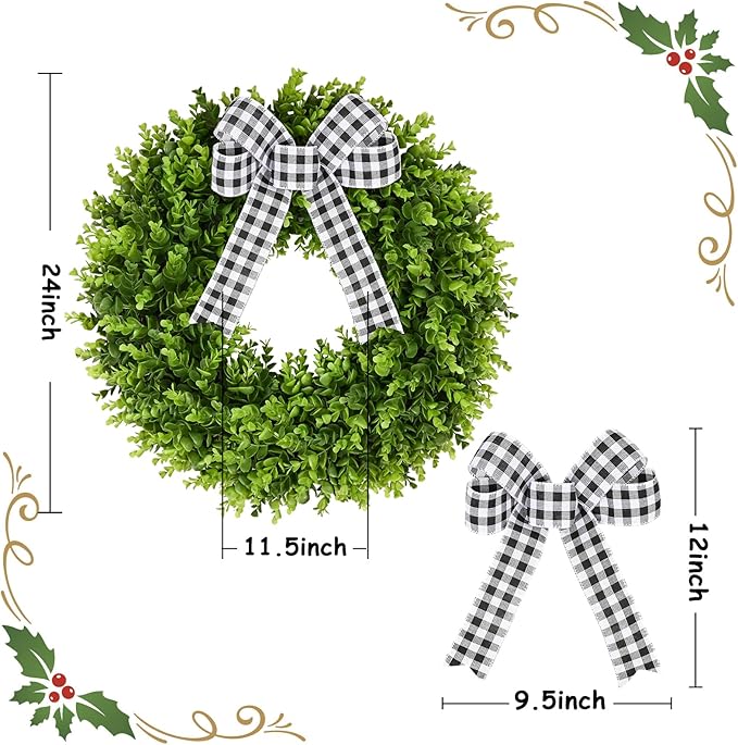 Vlorart 24" Faux Round Boxwood Wreath, Artificial Boxwood Wreath Front Door Wreaths Artificial Spring Summer Greenery Hanging with A Plaid Bow and sash for Front Door Wall Hanging Window Wedding Decor