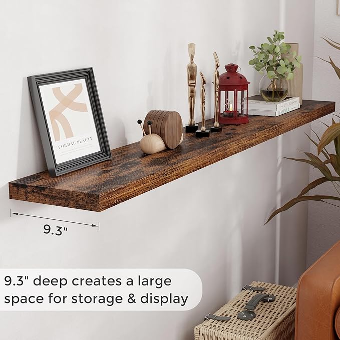 72 Inch Floating Shelves, 72 x 9.3 Rustic Wooden Fireplace Mantel, 9.3 Inch Floating Shelf for Wall, Farmhouse Wall Shelves for Home Storage & Display, Rustic Brown Color, Set of 1