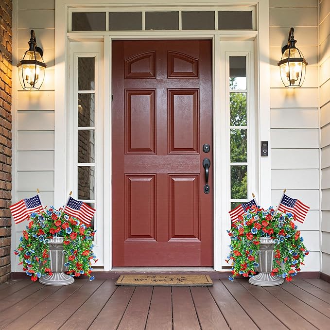 Faux Flowers for Outdoors Decoration, 2Pcs Artificial Fake Hanging Spring Summer Decor, Red and Blue Realistic Plants, UV & Fading Resistant Silk Flower for Porch Patio Balcony Planter Yard