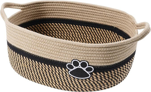 Small Woven Baskets for Organizing Rope Storage Basket with Handle Cute Cotton Nursery Gift Dog Toy Bins Organizer-Black&Beige