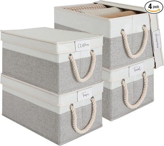 LoforHoney Home Fabric Storage Bins with Lids for Organizing, Foldable Closet Storage Boxes for Shelves, Clothes Baskets with Cotton Rope Handles, Large, Beige & Gray, 4-Pack