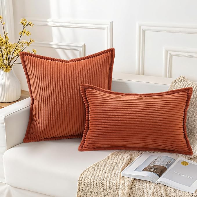 Mecatny Corduroy Fall Throw Pillow Covers 24x24 Set of 2, Neutral Decorative Soft Burnt Orange Boho Couch Pillow Covers with Broadside for Sofa Living Room, Rust