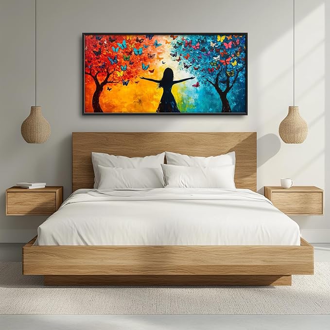Framed Large Wall Art for Living Room, Colorful Butterfly Tree Canvas Wall Decor, Large Picture Framed Painting, Modern Artwork for Bedroom Office Home Decor 60L'' × 30W''