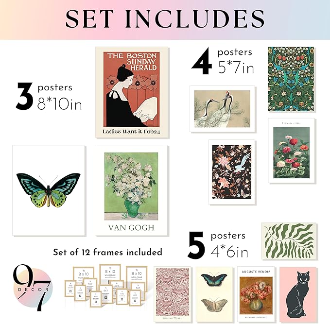 97 Decor Eclectic Wall Art FRAMED - Vintage Boho Wall Decor, Trendy Boho Prints For Wall, Framed Gallery Wall Art Set Dorm Posters For Room Aesthetic Pictures, Maximalist Decorations For Home (BEIGE FRAME)