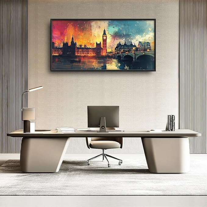 London Big Ben Framed Wall Art for Living Room, Large Cityscape Canvas Wall Decor, Bridge Pictures Painting, Natural Landscape Modern Artwork for Bathroom Bedroom 60L'' × 30W''