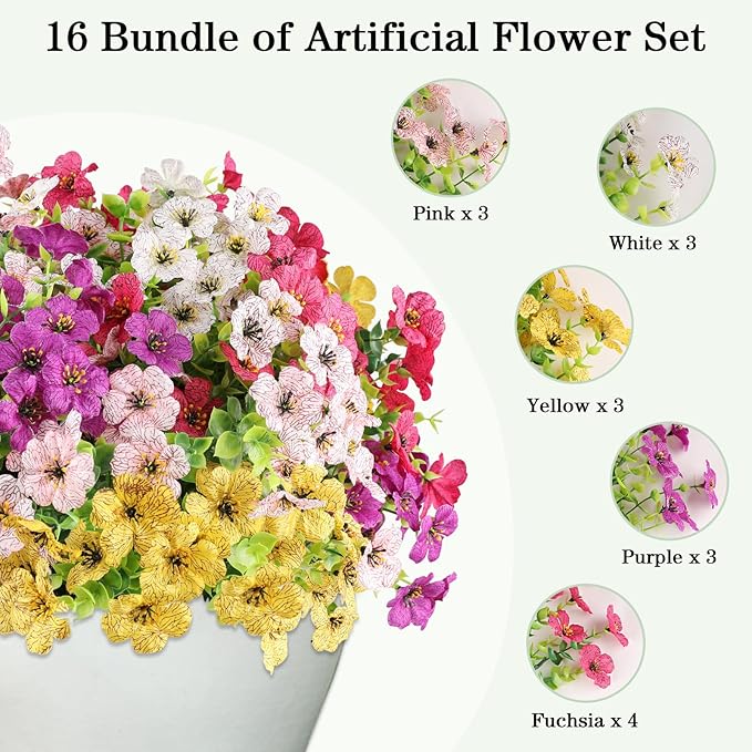 AGIRL 16 Bundles Artificial Flowers for Outdoor,No Fade Fake Plastic Flowers Faux Plants for Hanging Planters Decoration Indoor Outside Garden Porch Window Box Home Wedding