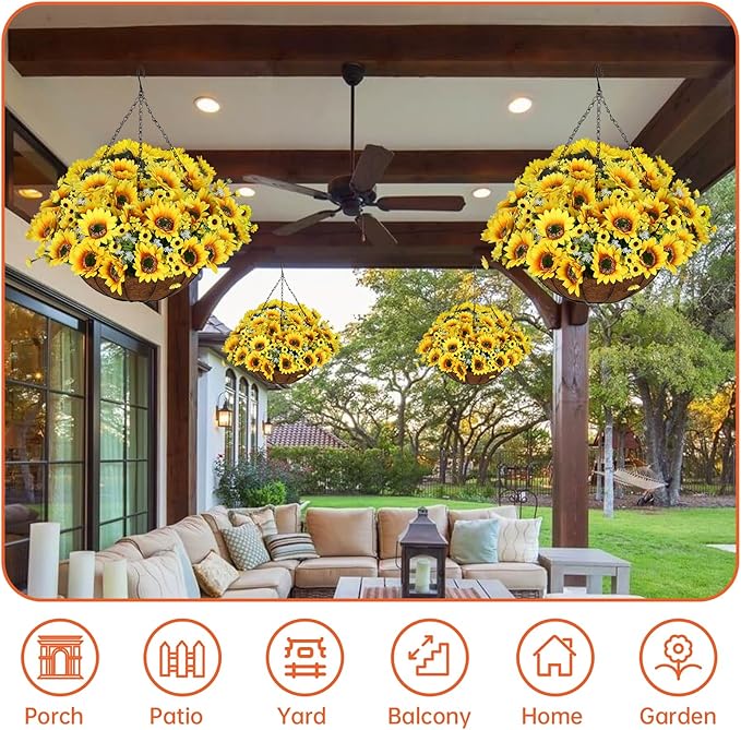 Artificial Hanging Flowers Basket, Fake Plants, Faux Silk Sunflower, for Spring Summer Outdoor Decoration, UV Resistant, Coconut Planter, Look Real for Patio Garden Yard Decor