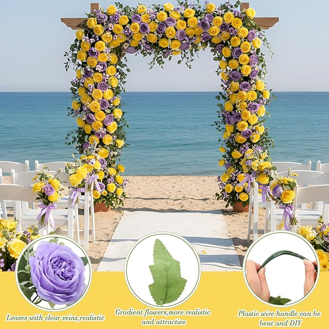 Geosar 16 Bundles Artificial Peonies Flowers Fake Silk Peony Bouquet Faux Peonies Flowers Bulk for Decoration Vase Florals Arrangements Wedding Party Table (Purple,Yellow)