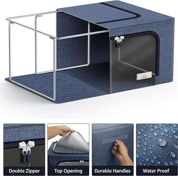 Sorbus Storage Bins with Metal Frame - Stackable & Foldable Clothes Organizer Bags - Oxford Fabric Storage Containers with Large Clear Window & Carry Handles, Bedroom Organization for Bedding & Linen