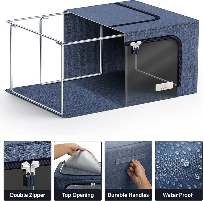 Sorbus Storage Bins with Metal Frame - Stackable & Foldable Clothes Organizer Bags - Oxford Fabric Storage Containers with Large Clear Window & Carry Handles, Bedroom Organization for Bedding & Linen