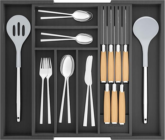 Bamboo-Silverware-Drawer-Organizer-Kitchen, Expandable Utensil Holder Cutlery Tray Flatware Organization Adjustable Wood Tableware Dividers Storage (with Removable Knife Block)(Black)