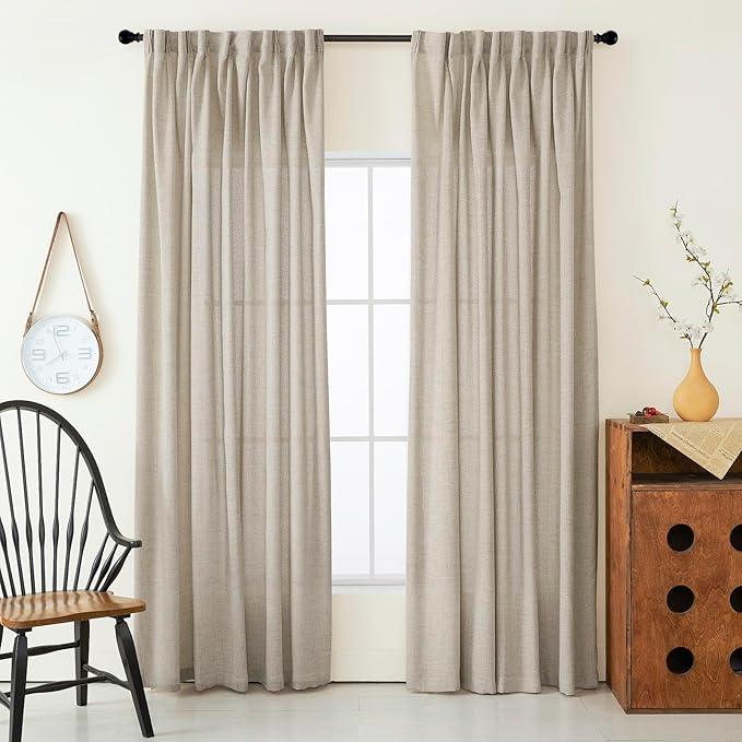 Dark Taupe Thick Linen Semi Sheer Pinch Pleated Curtains 102 Inches Long, 50 Inches Width, Modern Light Filtering Drapes Set of 2, Floor to Ceiling Window Curtain with Hooks