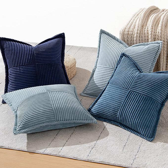MIULEE Dusty Blue Navy Throw Pillow Covers 16x16 Inch 4 Packs Soft Boho Decorative Gradient Series Pillow Cases Farmhouse Euro Cushion Covers for Couch Sofa Bed Corduroy Striped Home Decor