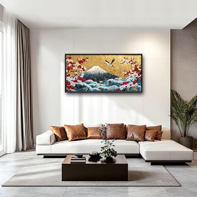Japanese Large Wall Art for Living Room, Fuji Mountain Oversized Wall Decor Pictures, Ocean Wave Framed Canvas Print Painting, Vintage Artwork for Bedroom Office Home Decor 60"x30"