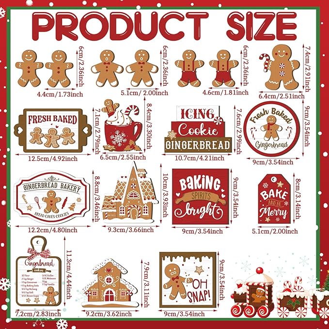 17 Pcs Christmas Tiered Tray Decor Set Winter Tiered Tray Decorations Farmhouse Tabletop Centerpiece Christmas Wooden 3D Sign for Xmas Home Buffalo Plaid Rustic Table Decoration(Gingerbread)