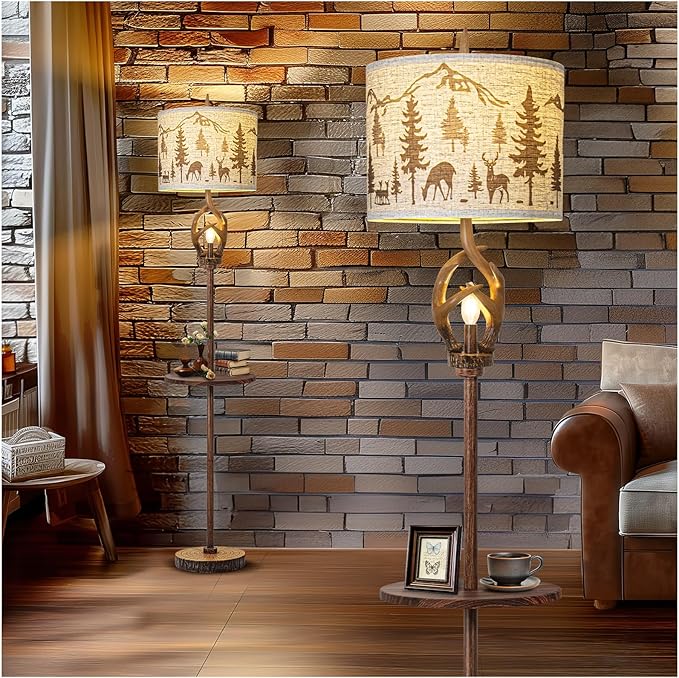Vintage Deer Antlers Floor Lamps for Living Room with Night Light, Rustic Tall Lamp Decor for Bedroom with Metal Tray. Farmhouse Standing Lamp for Home Office Study Restaurant (Bulb Included)