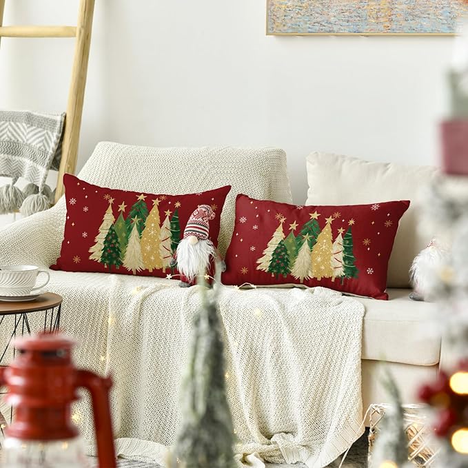 AVOIN colorlife Christmas Trees Star Red Throw Pillow Covers Set of 2, 12 x 20 Inch Snowflake Seasonal Winter Holiday Cushion Case Decoration for Sofa Couch