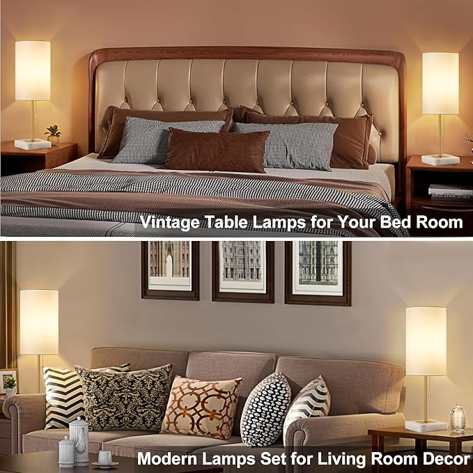 Luvkczc Minimalist Marble Table Lamp Set of 2 for Mens Room - Bedside Nightstand Lamps&Small Desk Lamp for Boys Study Room, Office Table Decor