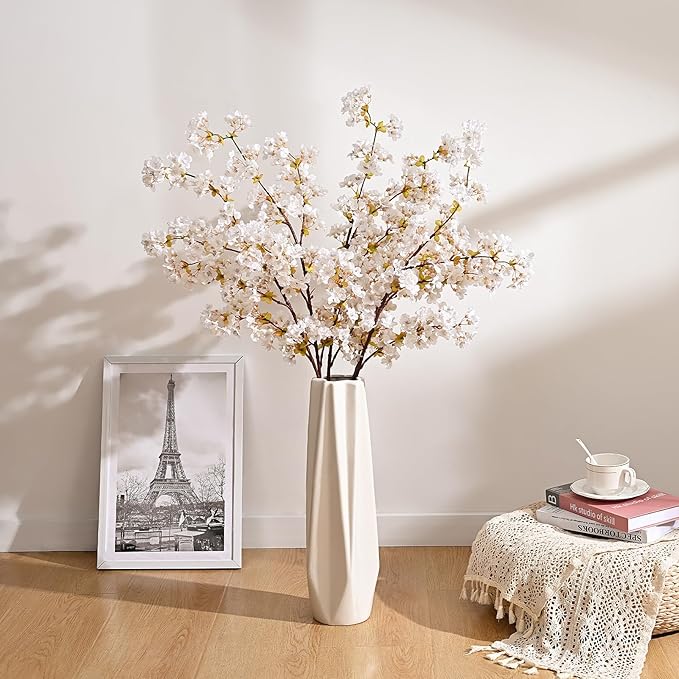 Sunm Boutique Silk Cherry Blossom Branches, Artificial Cherry Blossom Tree Stems Faux Cherry Flowers Vase Arrangements for Wedding Home Decor, Set of 3