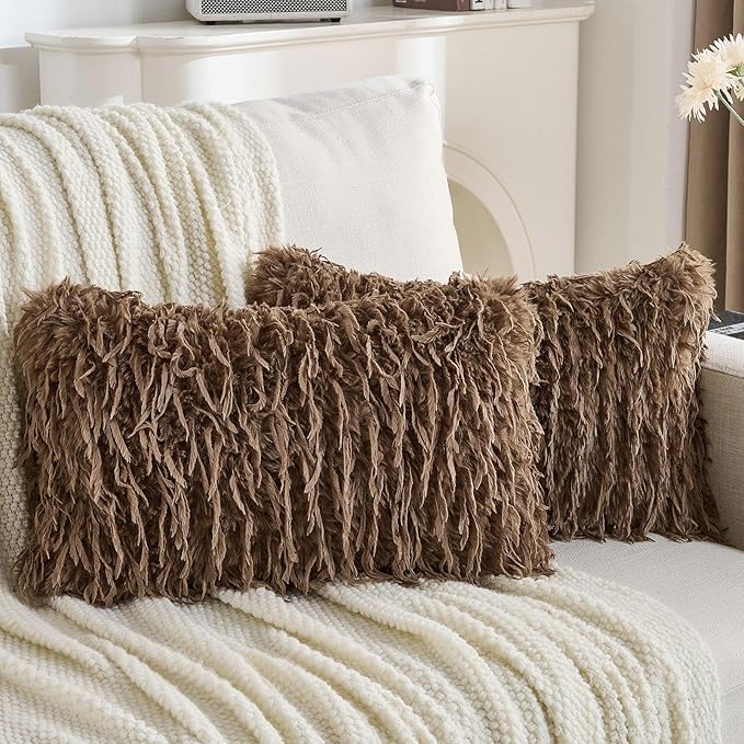 FUTEI Brown Decorative Throw Pillow Covers 12x20 Inch Set of 2,Soft Fluffy Faux Feather Texture Lumbar Pillow Cases,Modern Home Luxury Decor for Couch Bed Living Room
