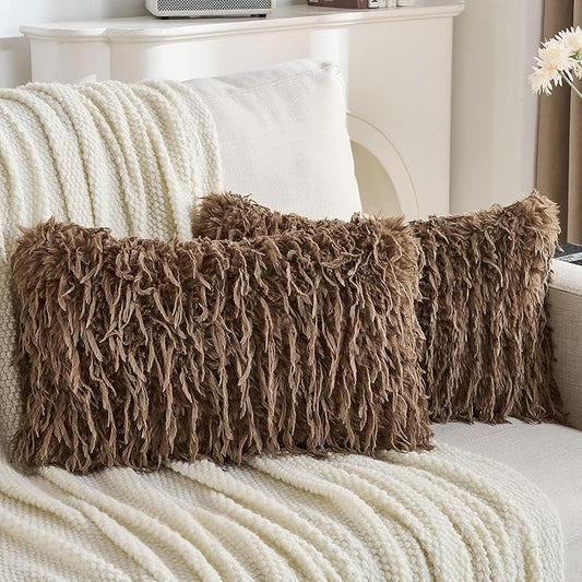 FUTEI Brown Decorative Throw Pillow Covers 12x20 Inch Set of 2,Soft Fluffy Faux Feather Texture Lumbar Pillow Cases,Modern Home Luxury Decor for Couch Bed Living Room