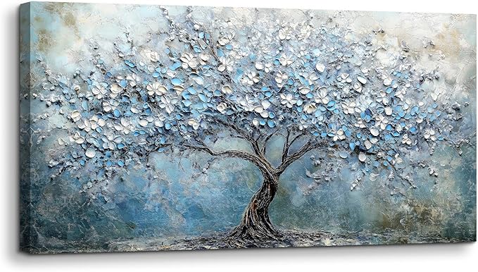 crmotu Tree of Life Large Wall Art, Cherry Blossom Abstract Canvas Painting, Blue Flowers Tree Art Prints, Modern Neutral Aesthetic Pictures Wall Decor Living Room Bedroom Bathroom Office 20"X40"