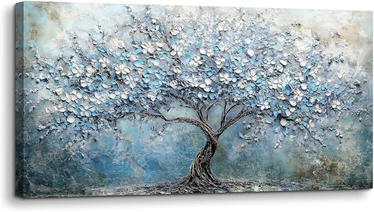 crmotu Tree of Life Large Wall Art for Living Room, Cherry Blossom Tree Abstract Art Prints Canvas Pictures, Modern Blue White Aesthetic Painting Bedroom Bathroom Home Office Wall Decor 30"X60"
