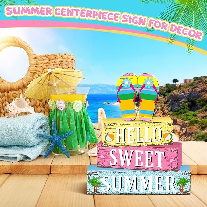 Geelin 4 Pcs Summer Decorations Wooden Sign Hello Summer Flip Flop Table Centerpiece Tiered Tray Decor Beach Farmhouse Blocks Table Top Sign for Home