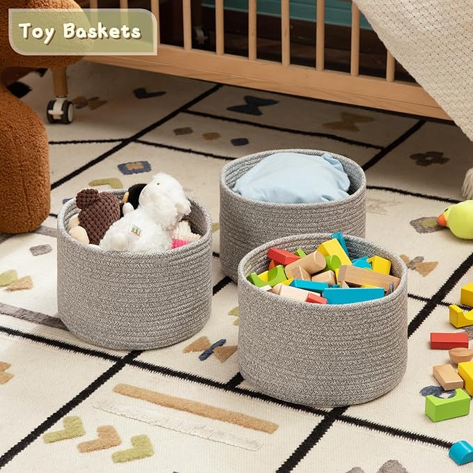 OIAHOMY Small Storage Baskets for Organizing,Closet Cube Shelf Storage, 9.8”×9.8”×7.1”, Woven Cotton Rope Gift Baskets for Nursery,Cute Dog Toy bins, Round 3 Packs, Grey